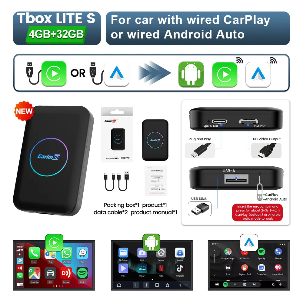 CarlinKit Android TV Box CarPlay Ai Box Support Netflix IPTV Google Play Store Wireless CarPlay & Android Auto Box Auto Connect